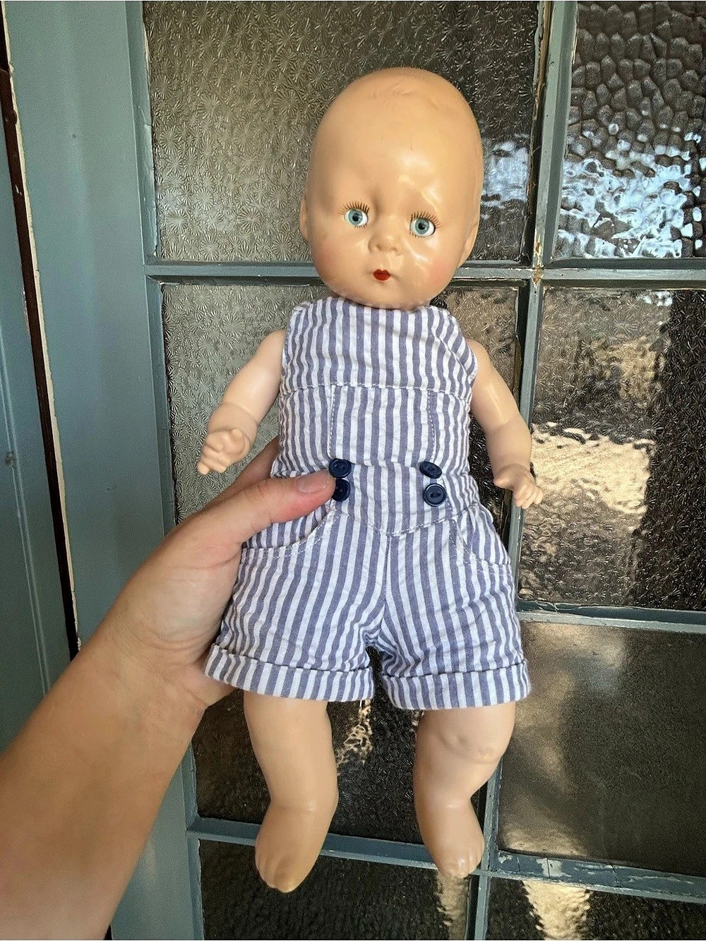 E.I.H. Co. Baby Doll Blue Eyes Cloth Body American Girl Striped Outfit
